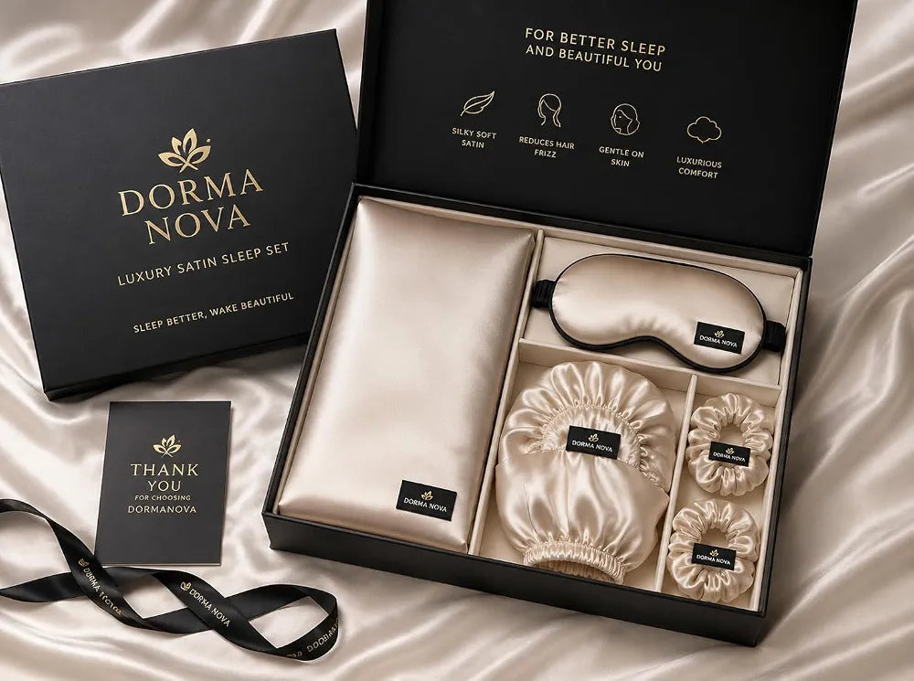 Luxury Satin Sleep Set – Satin Pillowcase, Sleep Mask, Bonnet, Scrunchies & Gift Box for Hair & Skin Care