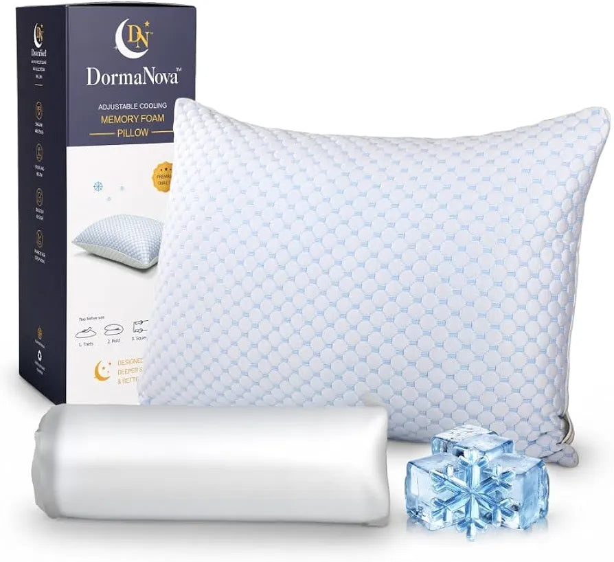 Adjustable Cooling Memory Foam Pillow for Side, Back & Stomach Sleepers – Shredded Gel Foam & Fiber Blend with Extra Fill Bag – Luxury Neck & Shoulder Support Pillow