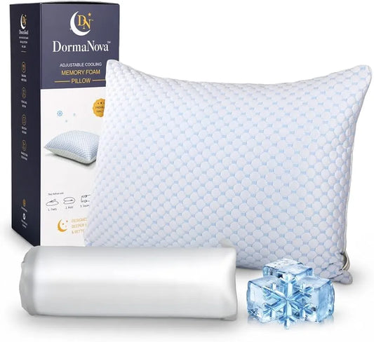 Adjustable Cooling Memory Foam Pillow for Side, Back & Stomach Sleepers – Shredded Gel Foam & Fiber Blend with Extra Fill Bag – Luxury Neck & Shoulder Support Pillow