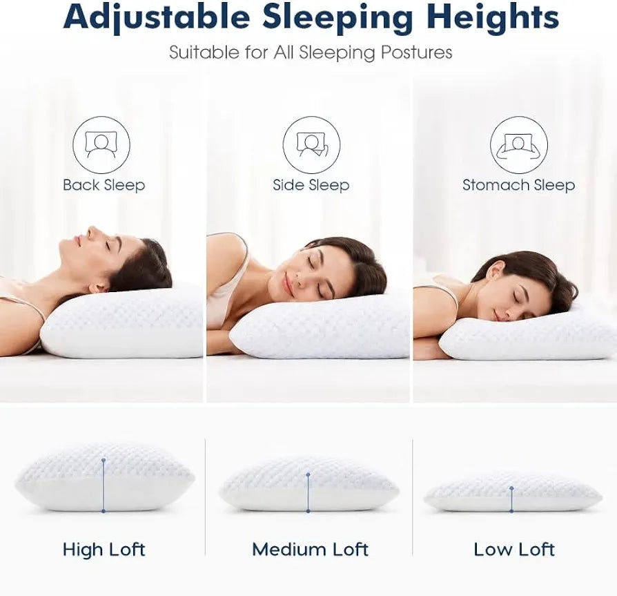 Adjustable Cooling Memory Foam Pillow for Side, Back & Stomach Sleepers – Shredded Gel Foam & Fiber Blend with Extra Fill Bag – Luxury Neck & Shoulder Support Pillow