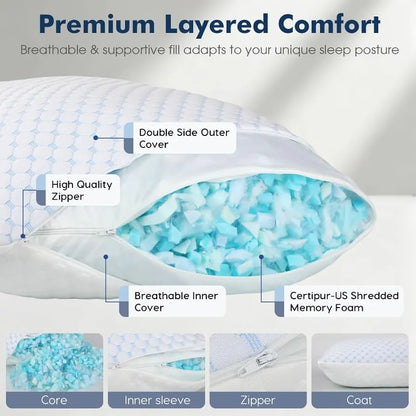 Adjustable Cooling Memory Foam Pillow for Side, Back & Stomach Sleepers – Shredded Gel Foam & Fiber Blend with Extra Fill Bag – Luxury Neck & Shoulder Support Pillow