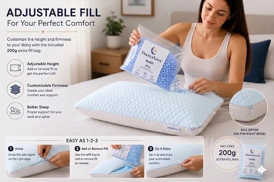 Adjustable Cooling Memory Foam Pillow for Side, Back & Stomach Sleepers – Shredded Gel Foam & Fiber Blend with Extra Fill Bag – Luxury Neck & Shoulder Support Pillow