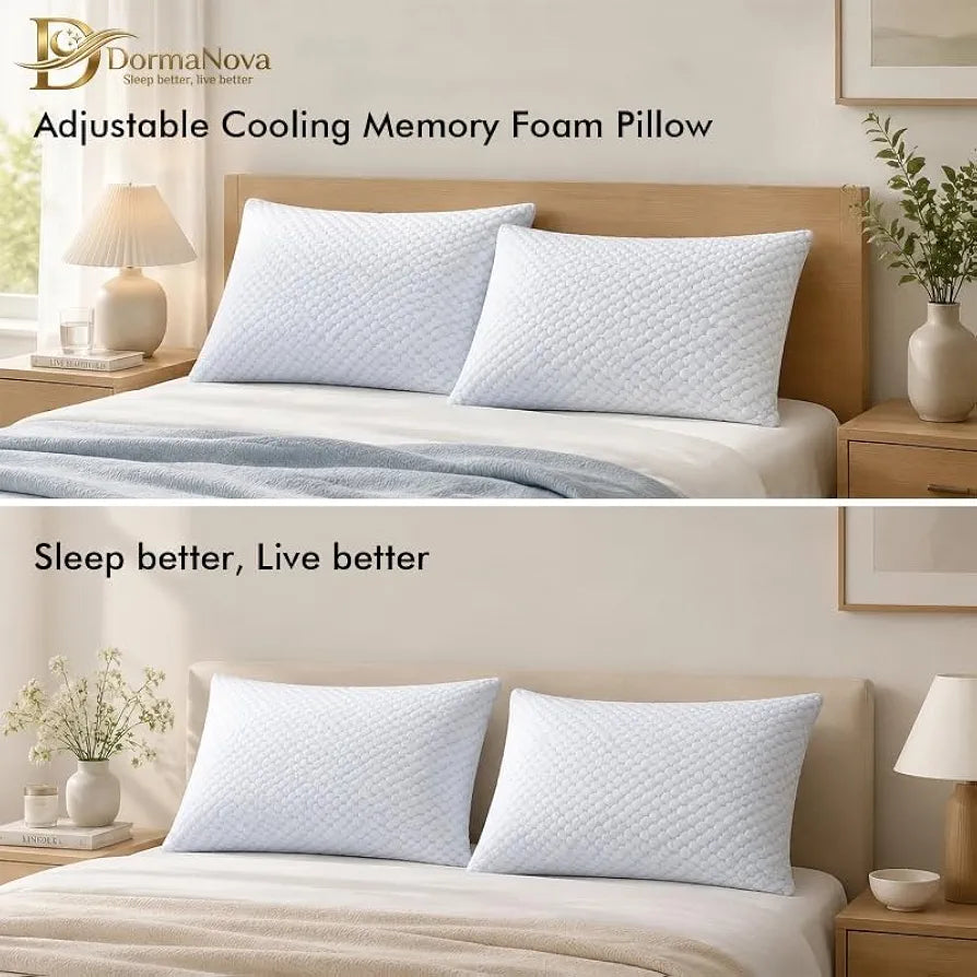 Adjustable Cooling Memory Foam Pillow for Side, Back & Stomach Sleepers – Shredded Gel Foam & Fiber Blend with Extra Fill Bag – Luxury Neck & Shoulder Support Pillow