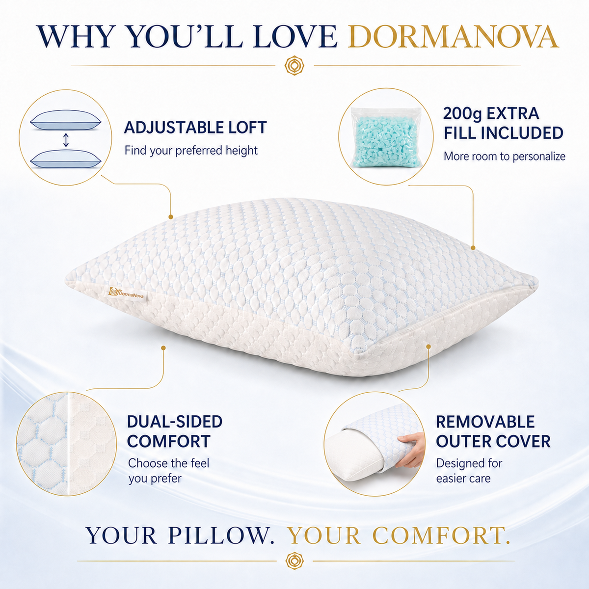 Cooling Memory Foam Pillow for Side, Back & Stomach Sleepers – Adjustable Shredded Gel Foam | DormaNova