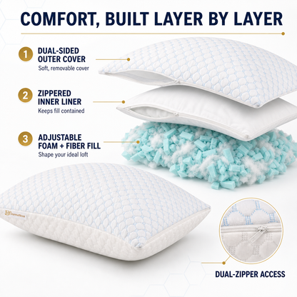 Cooling Memory Foam Pillow for Side, Back & Stomach Sleepers – Adjustable Shredded Gel Foam | DormaNova