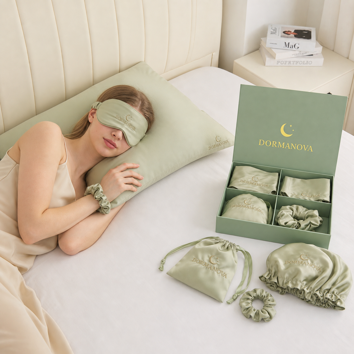 Satin Sleep Gift Set for Women – Pillowcase, Sleep Mask, Bonnet & Scrunchies | DormaNova