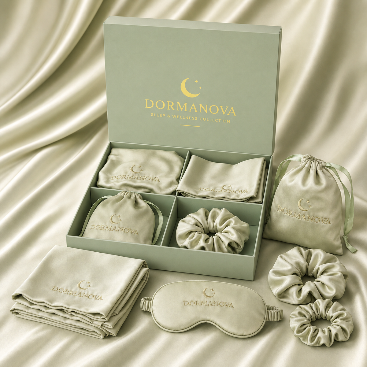 Satin Sleep Gift Set for Women – Pillowcase, Sleep Mask, Bonnet & Scrunchies | DormaNova