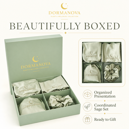 Satin Sleep Gift Set for Women – Pillowcase, Sleep Mask, Bonnet & Scrunchies | DormaNova