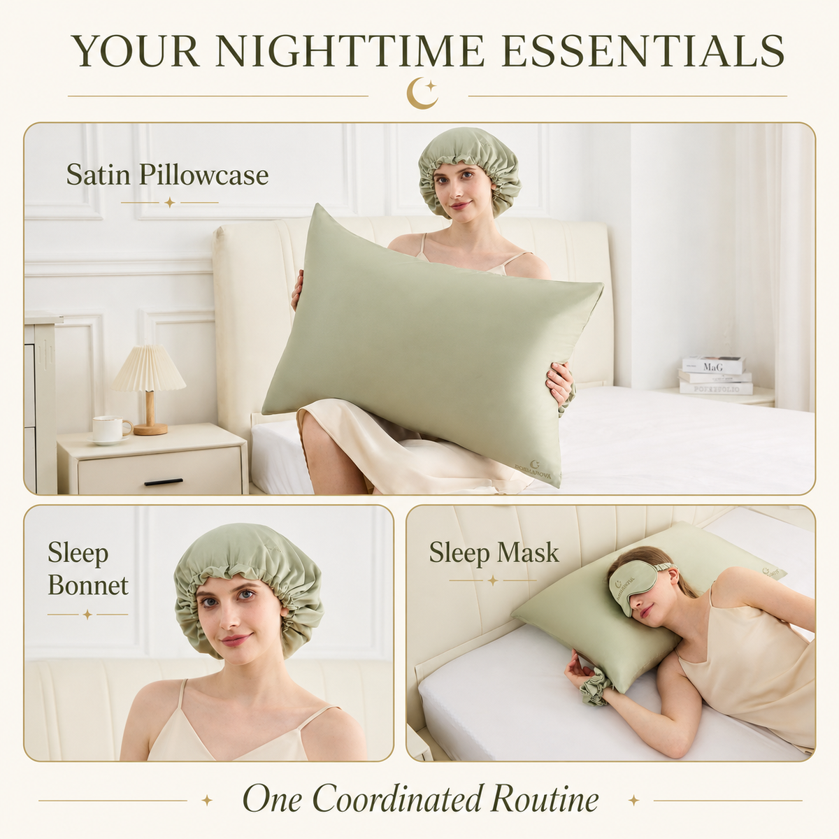 Satin Sleep Gift Set for Women – Pillowcase, Sleep Mask, Bonnet & Scrunchies | DormaNova