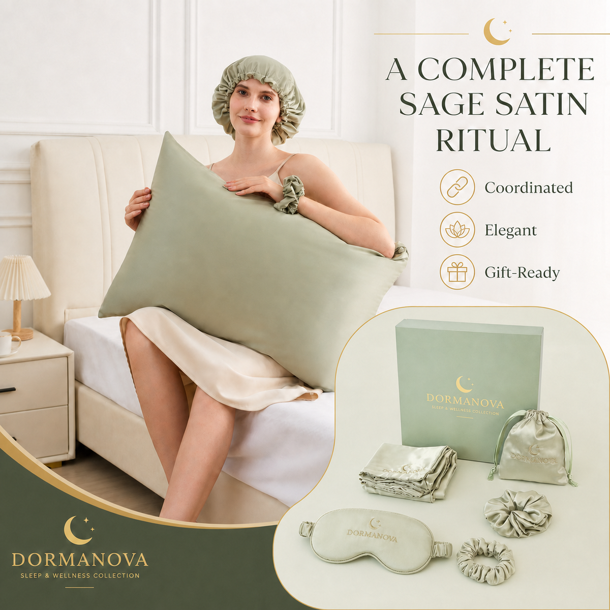 Satin Sleep Gift Set for Women – Pillowcase, Sleep Mask, Bonnet & Scrunchies | DormaNova