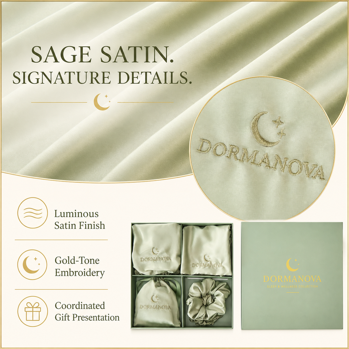 Satin Sleep Gift Set for Women – Pillowcase, Sleep Mask, Bonnet & Scrunchies | DormaNova