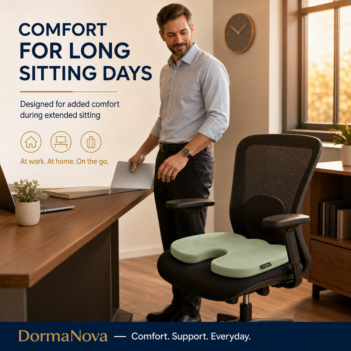 Memory Foam Seat Cushion – Cooling Gel Coccyx Cushion for Office Chair | DormaNova